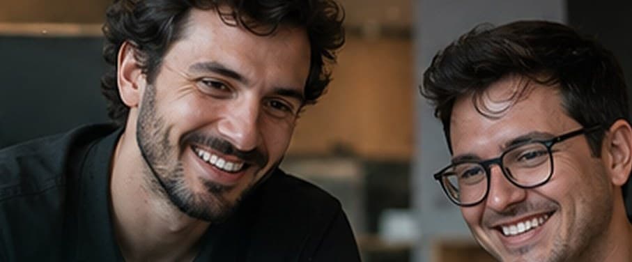 Duas pessoas sorrindo enquanto olham juntas para uma tela